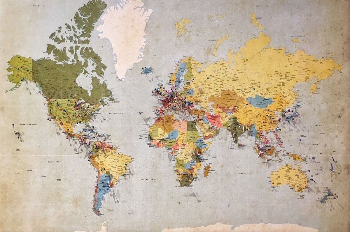 Interactive digital world map with location tracking pins
